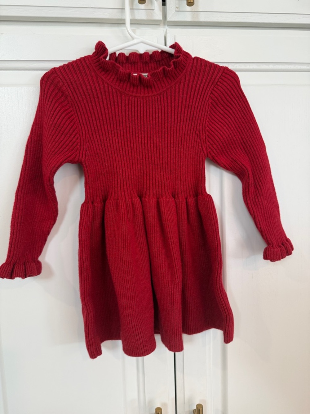Girls' Red Ribbed Knit Ruffle-Trim Dress